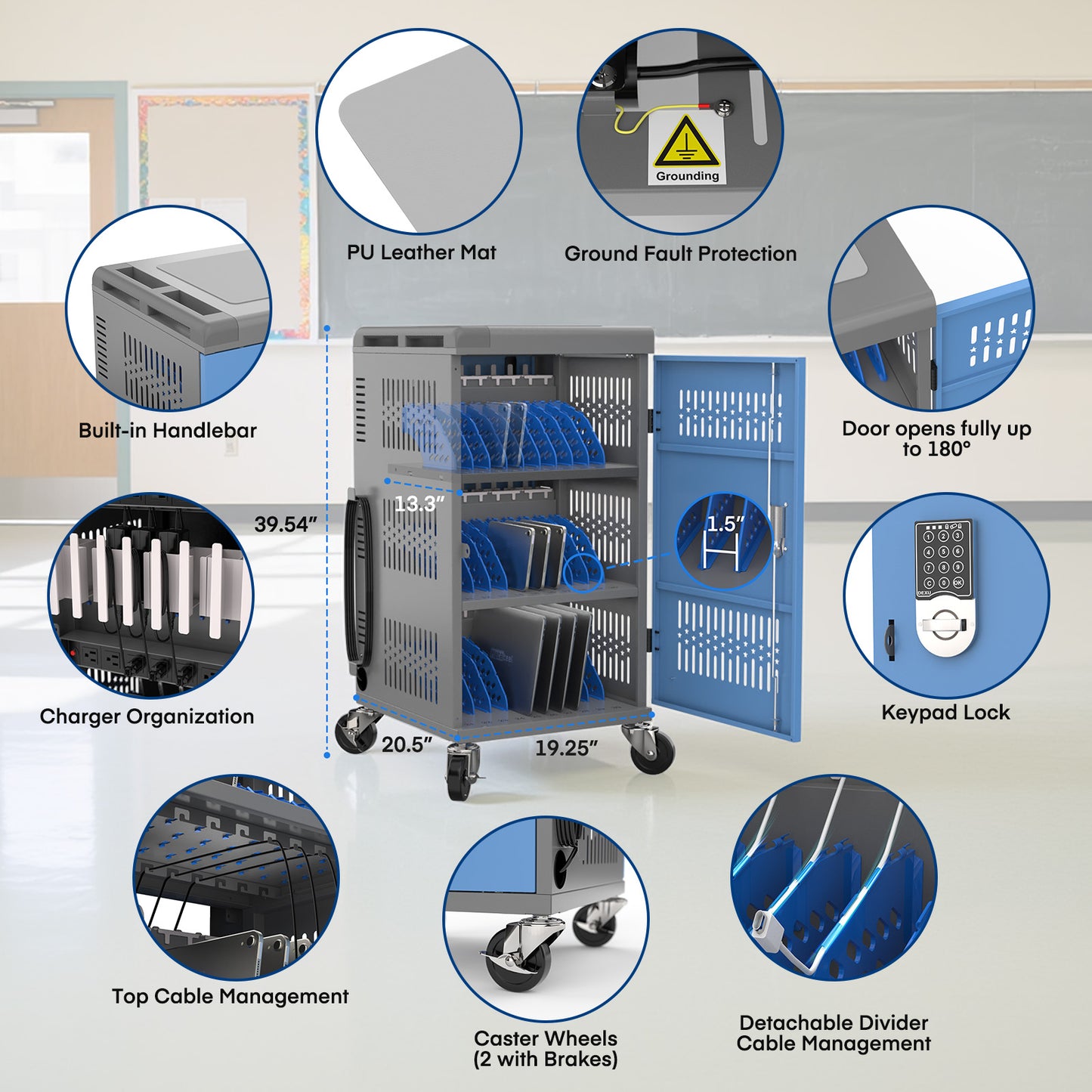 M-C30B-T - Fully Assembled 30 Bay Mobile Charging and Storage Cart for iPad,Chromebook and Laptop Computer with Keypad Lock,Up to 14-inch Screen Size,Surge Protection,Front & Back Access Locking Cabinet
