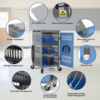 30-Bay Mobile Charging Cart – Fully Assembled, Keypad Lock, Surge Protection, Dual Access