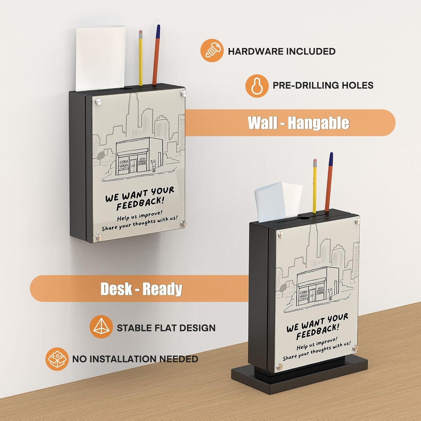 M-D7-H - Suggestion Box with Lock with Wall Mount Option - Use as Offering Box, Tithe Box, Prayer Request Box, Tip Box with Lock, Donation Box and Ballot Box