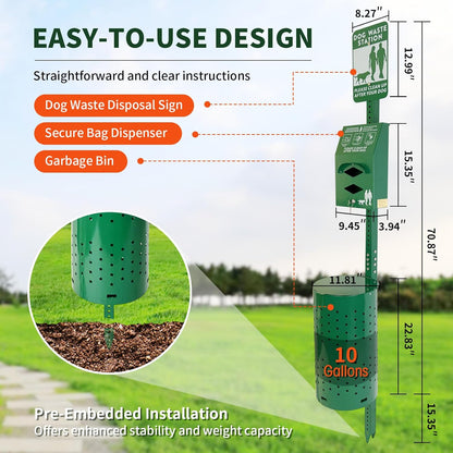 Aluminum Dog Waste Station – 10-Gallon Rustproof Outdoor Bin with Lock & Reflective Sign