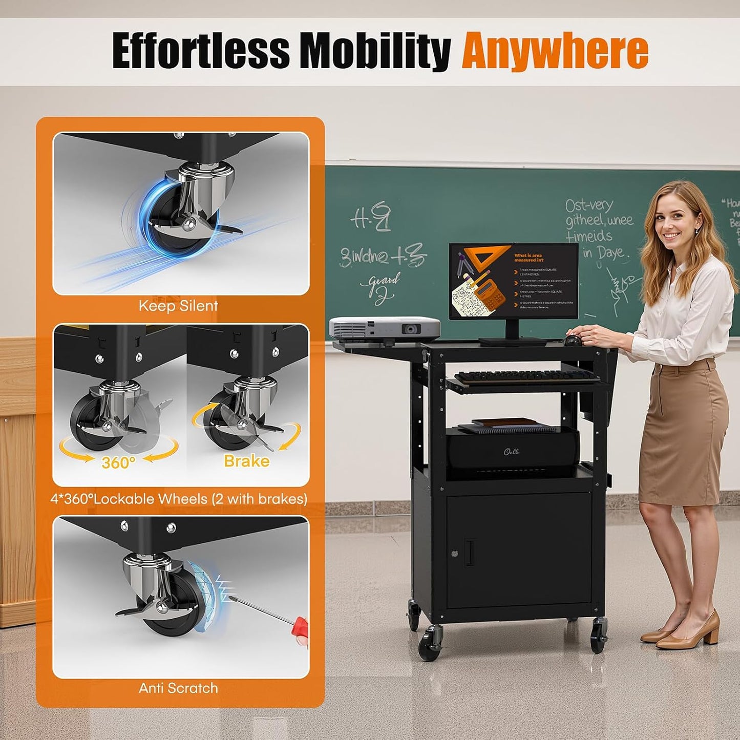 Heavy Duty Steel AV Cart – Lockable Storage, Folding Shelves, Adjustable Height, Wheels