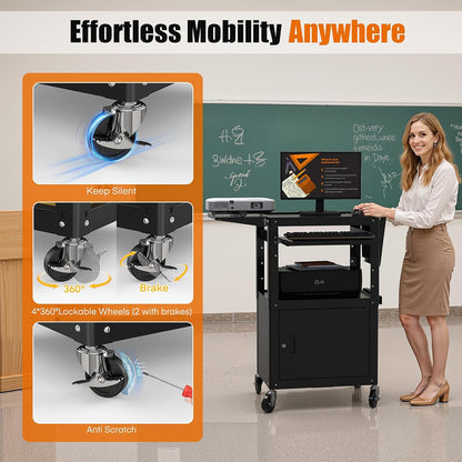 Heavy Duty Steel AV Cart – Lockable Storage, Folding Shelves, Adjustable Height, Wheels