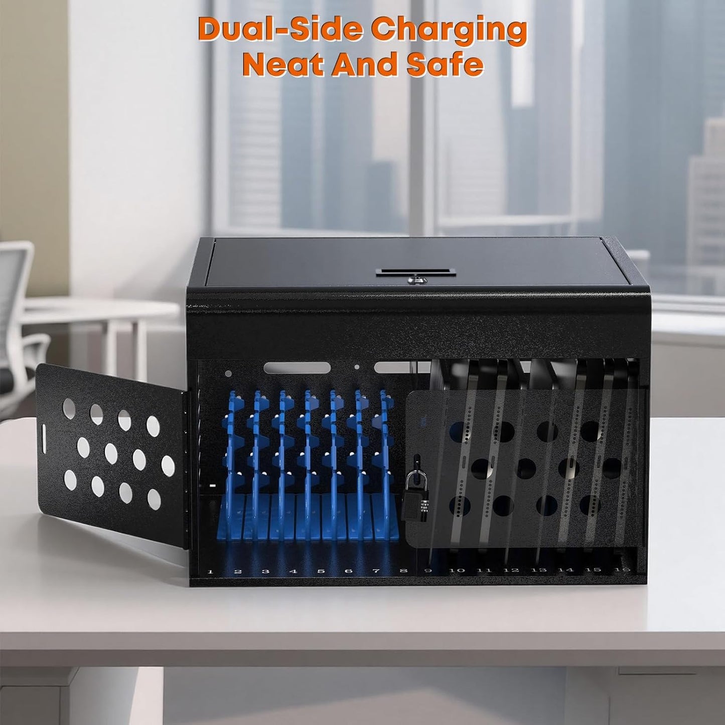 M-C16B-H - 16-Device Locking Tablet Charging Station - Classroom Charging Station for 16 Chromebook Tablet Laptop - Metal Laptop Charging Cart with Cable Management and Charger Organization (Black)