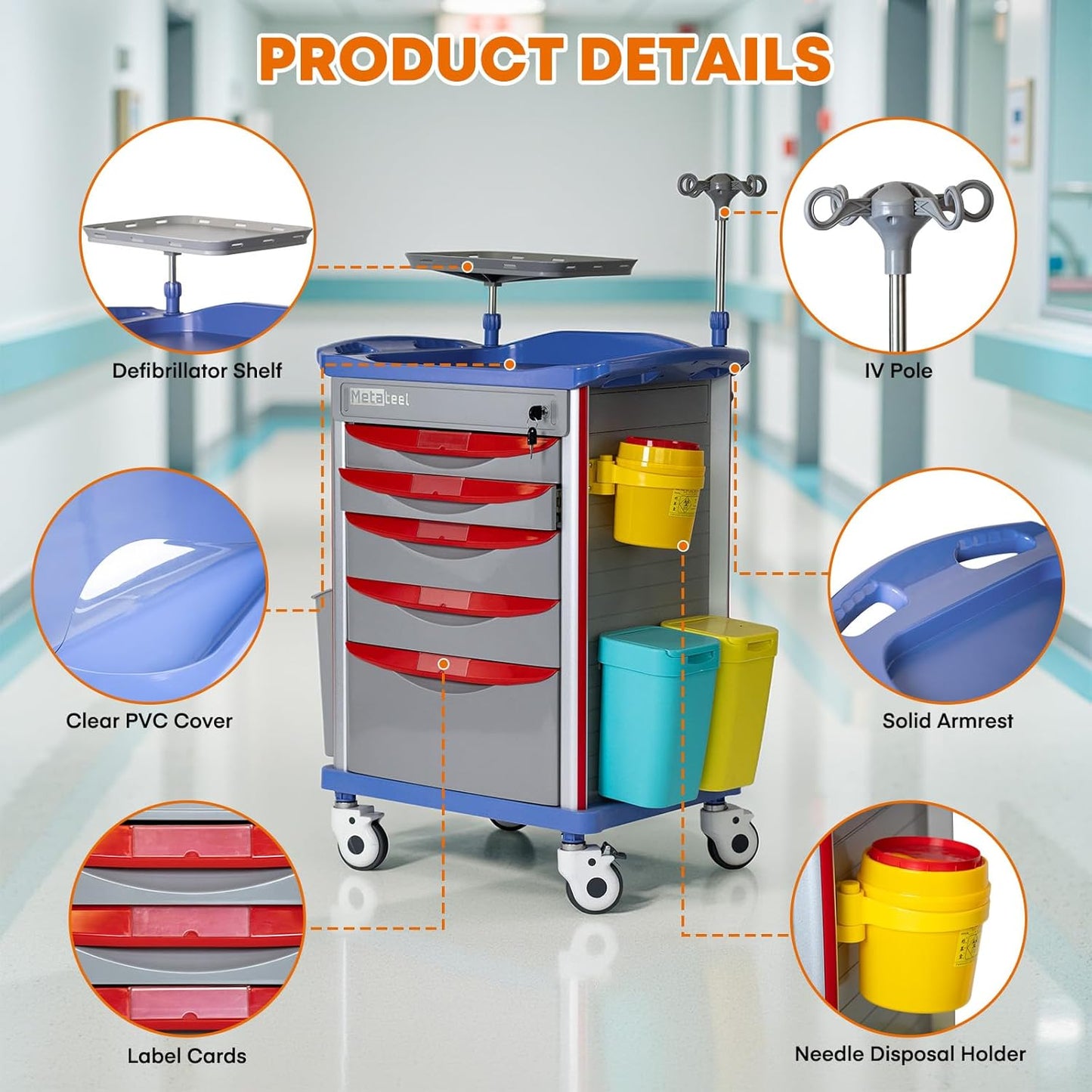 Emergency Crash Cart with IV Pole, Cardiac Board, O2 Holder & Drawers – Hospital Medical Cart