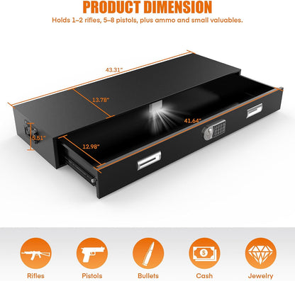 Under Bed Gun Safe Drawer for Rifles & Pistols – Long Storage Case for Home or Car
