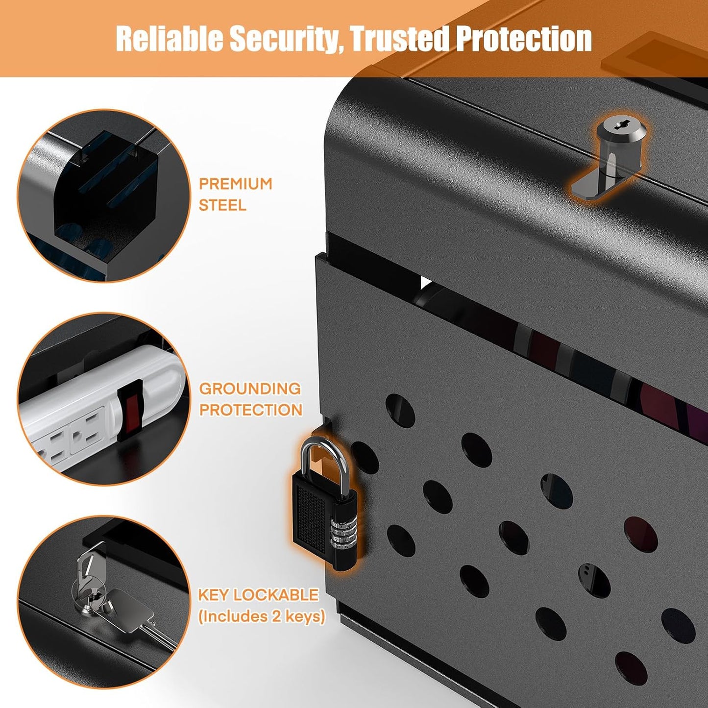 M-C8-H - 8 Tablet Charging Station Lock Box - Fits 14" Screen, Steel Case & Lockable Door, & 2 Keys Included - For Chromebook, Laptop,and Tablets - Ideal for Offices, Classrooms, & Hospitals (Black)