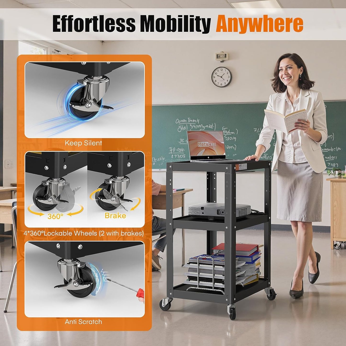 3-Shelf Steel Utility Cart – Mobile AV & Presentation Cart with Power Strip