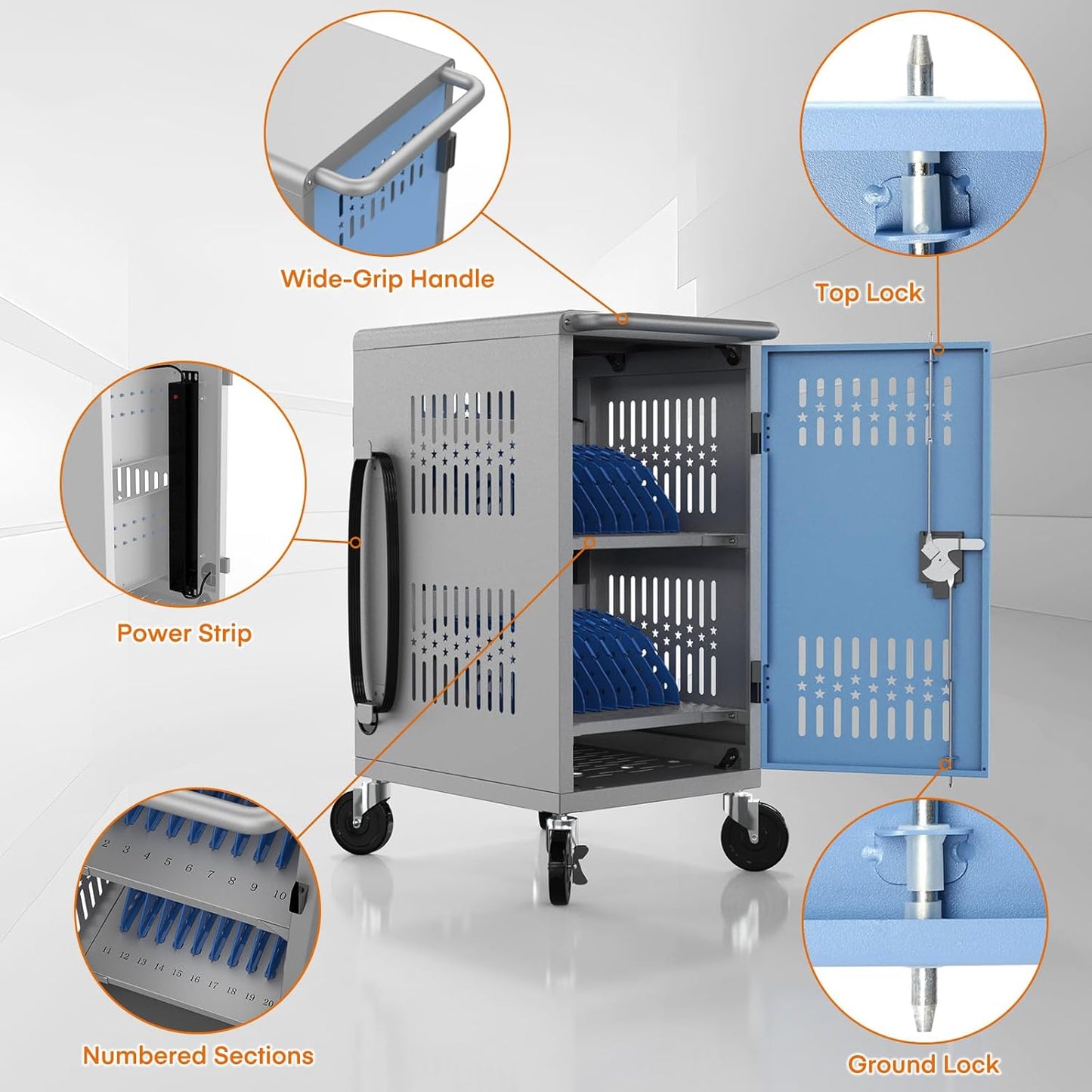 M-C20-T - 20 Bay mobile charging cart with storage for multiple Chromebook, laptop, kindle, iPad | Charging Station with Cable Management for classroom less assembly