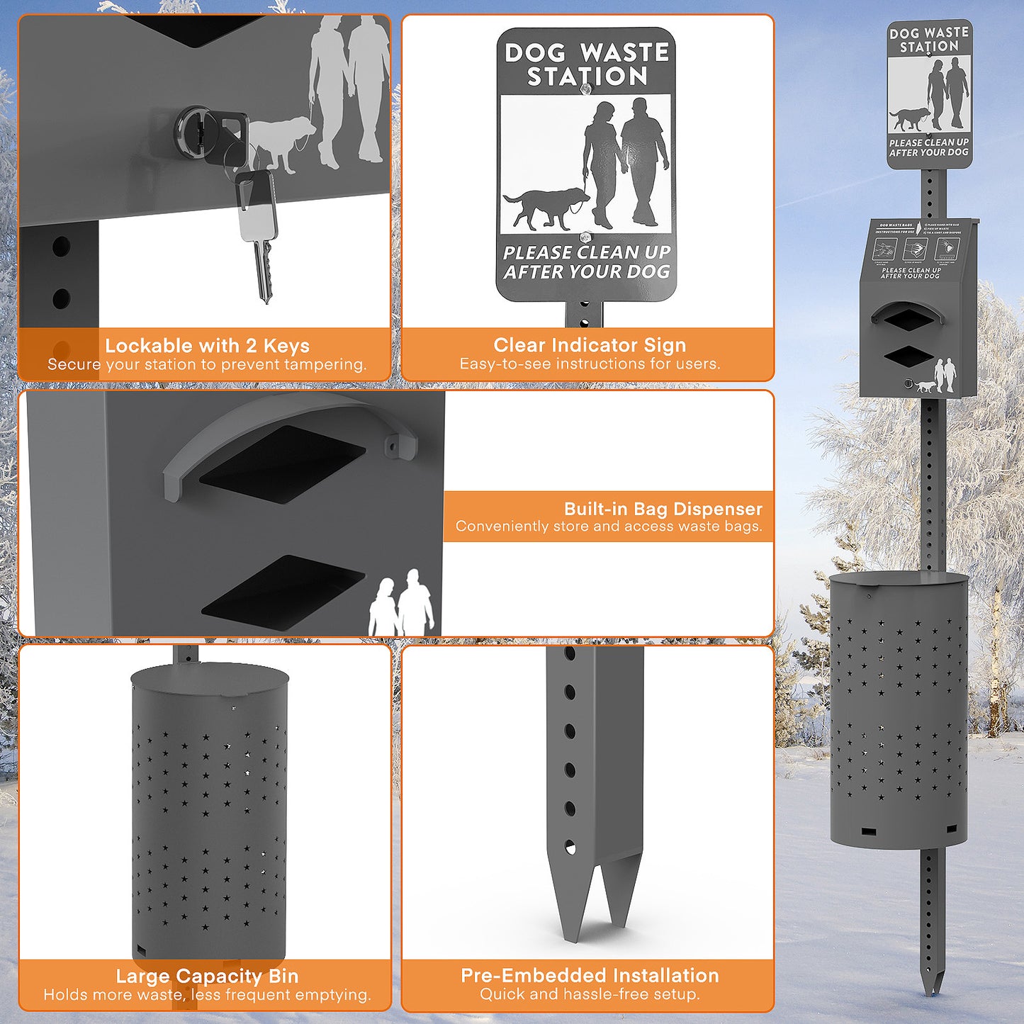 M-D37GK-H0 Black Dog Waste Station Outdoor, Pet Waste Disposal Station Rustproof Aluminum with 10 Gallon Trash Can, 600 Dog Poop Bags & 50 Liners for Parks, Trails, HOA Communities, Backyards