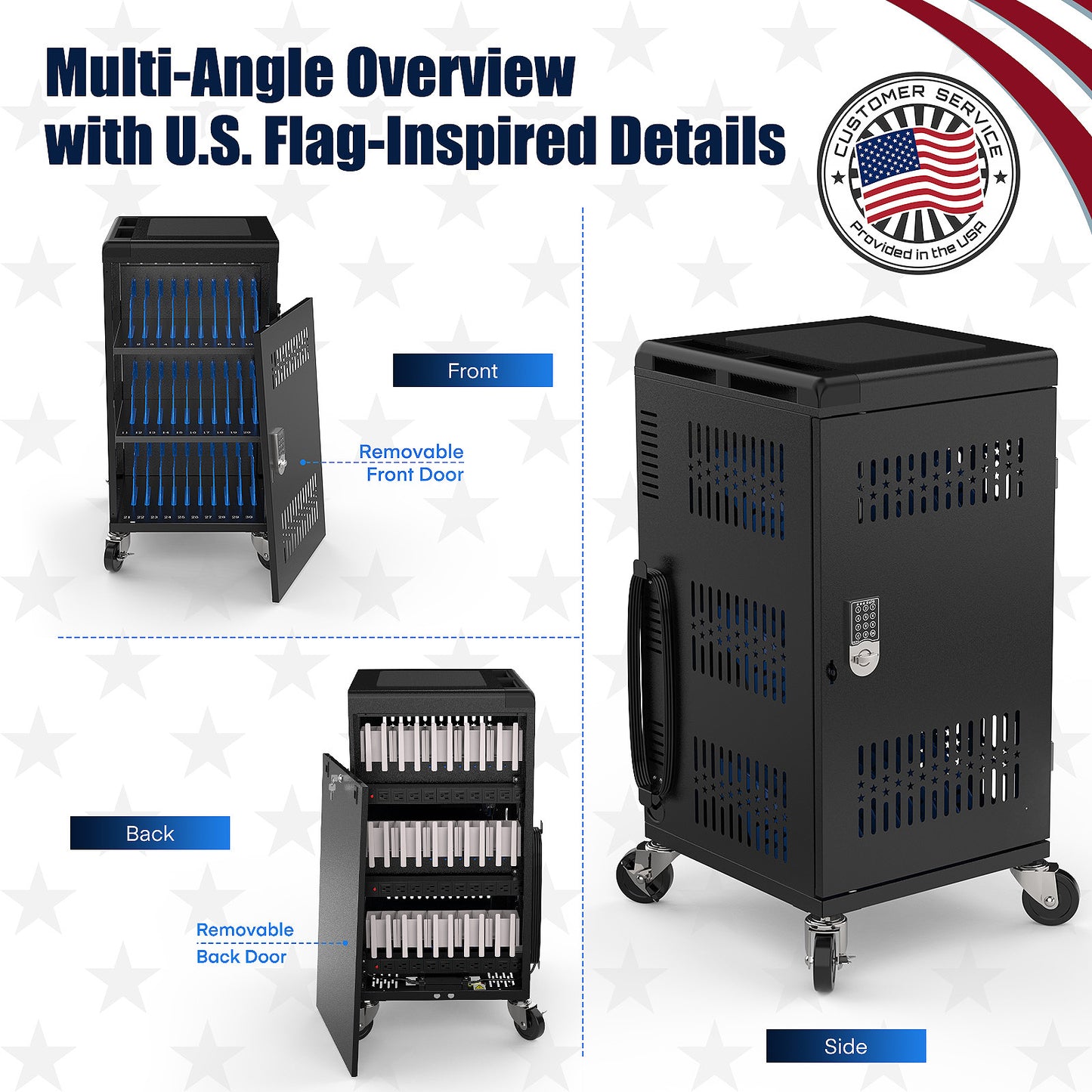 M-C30B-H - Fully Assembled 30 Bay Mobile Charging and Storage Cart for iPad,Chromebook and Laptop Computer with Keypad Lock,Up to 14-inch Screen Size,Surge Protection,Front & Back Access Locking Cabinet