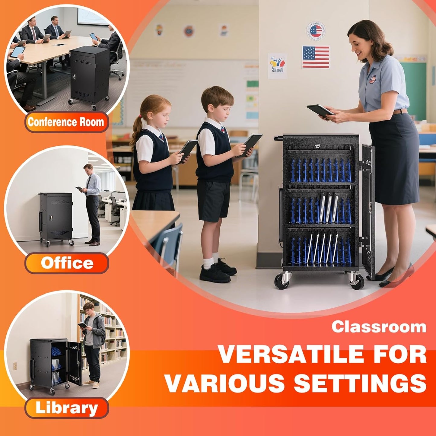 M-C30A-H - 30-Device Charging Station for Chromebooks, iPads, and 14'' Laptops – Mobile Charging Cart with Cable Management, Circuit Breaker, Grounding Protection, and Assembly Required