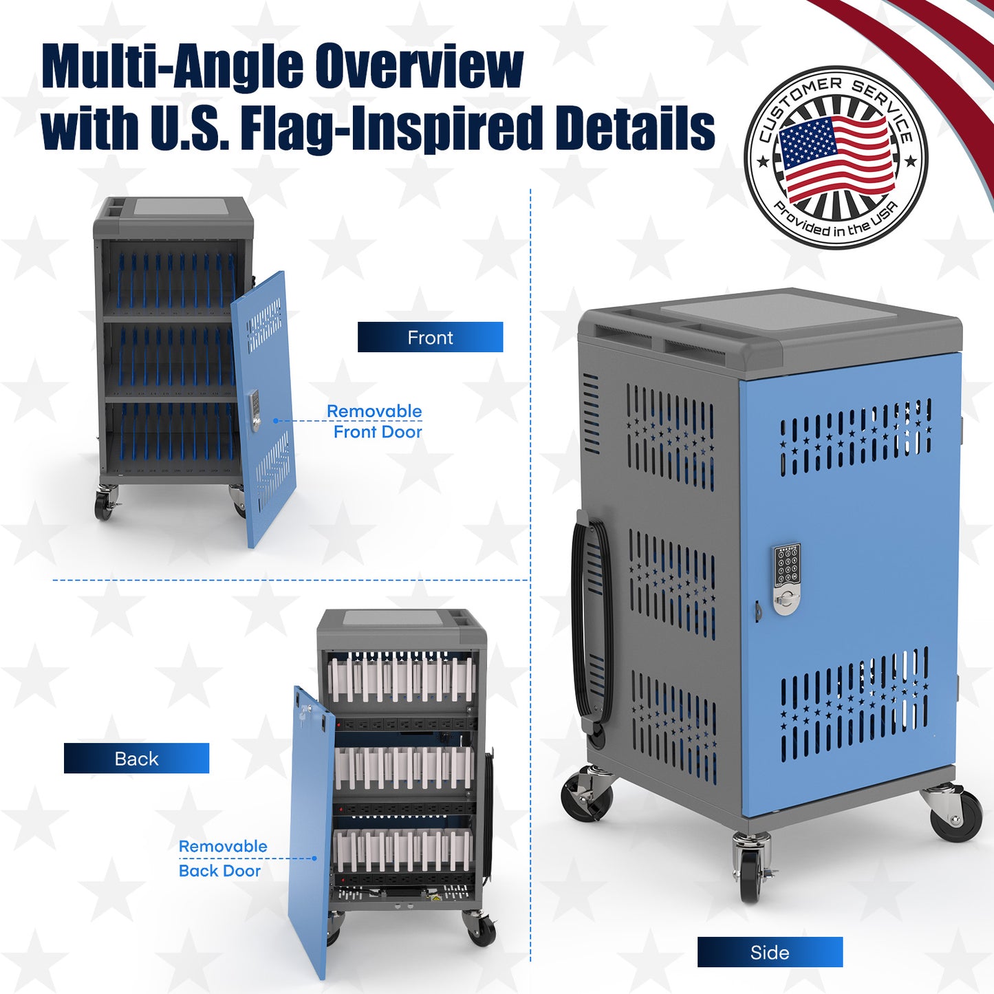 M-C30B-T - Fully Assembled 30 Bay Mobile Charging and Storage Cart for iPad,Chromebook and Laptop Computer with Keypad Lock,Up to 14-inch Screen Size,Surge Protection,Front & Back Access Locking Cabinet