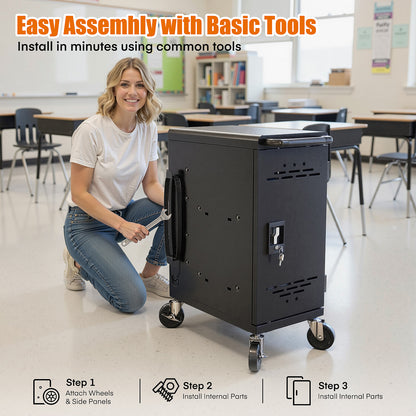 16-Devices Charging Cart – Black, Fits Devices up to 14-Inch, Cable Management & Accessory Storage