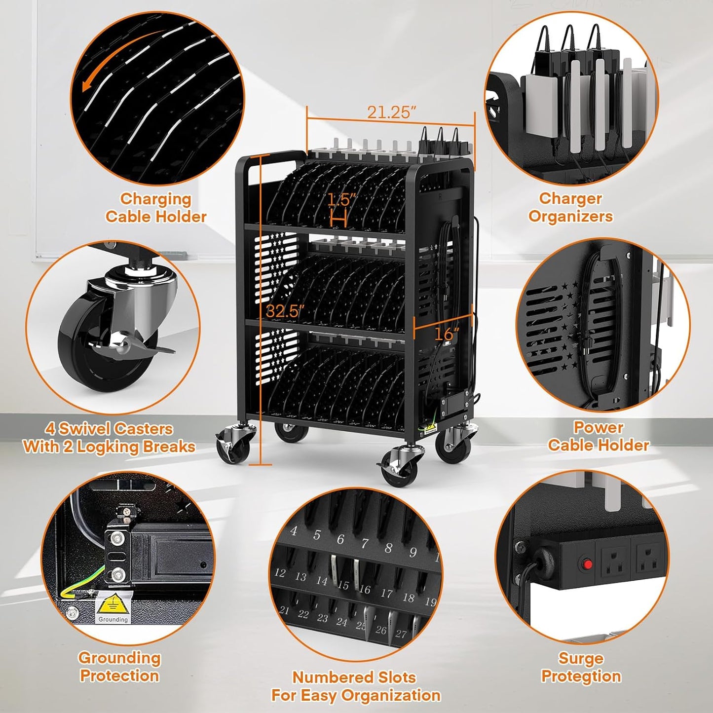 M-C30D-H - 30-Unit Mobile Charging Cart-Open Charging Station Rack for 14-inch Chromebooks and Tablets-Tablet Organizer Station with Cable Management and Charger Organization(Black)
