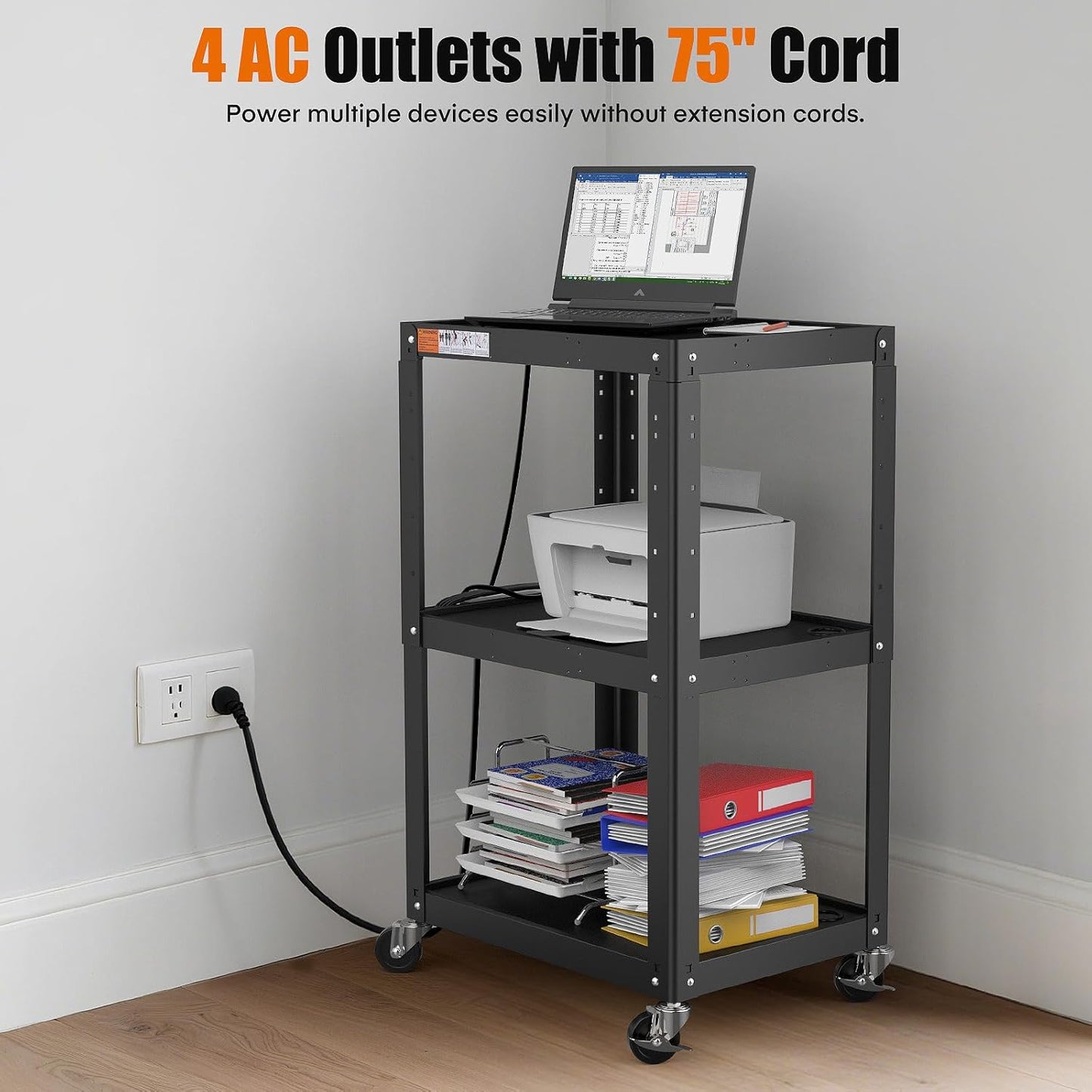 3-Shelf Steel Utility Cart – Mobile AV & Presentation Cart with Power Strip