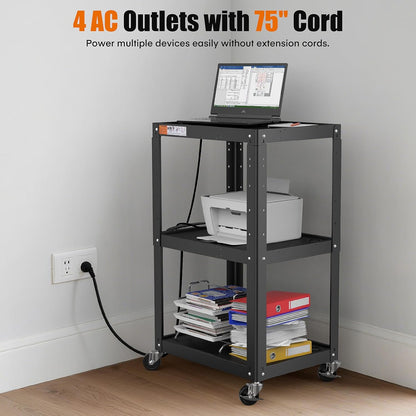 3-Shelf Steel Utility Cart – Mobile AV & Presentation Cart with Power Strip