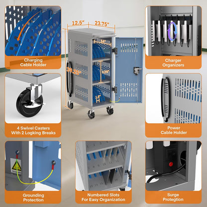 18-Bay Heavy Duty Mobile Charging Cart – Fully Assembled Metal Storage for Laptops & Tablets up to 14-Inch