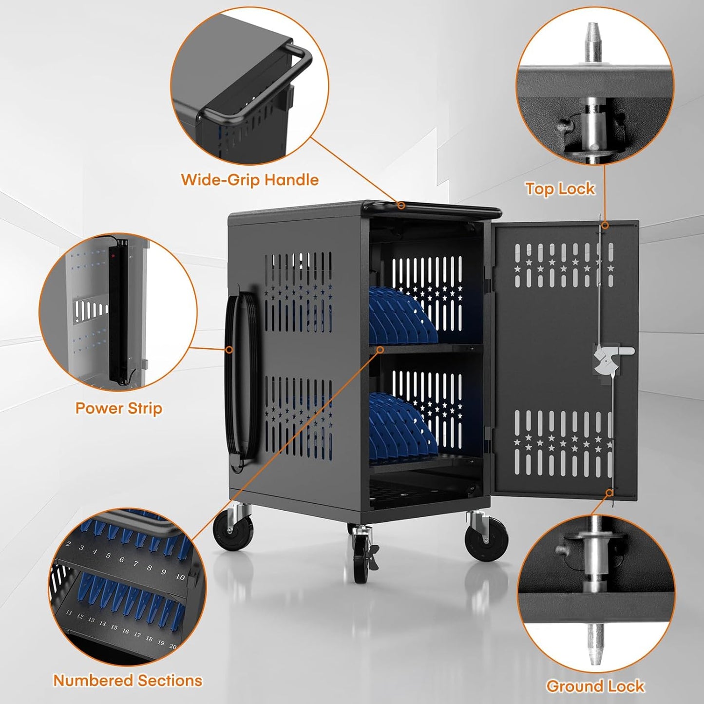 M-C20-H - Pre-Assembled American Style Heavy-Duty 20 Bay Laptop Charging Cart for School Classroom Storing and Charing 20 Chromebook, Laptop, and Tablet