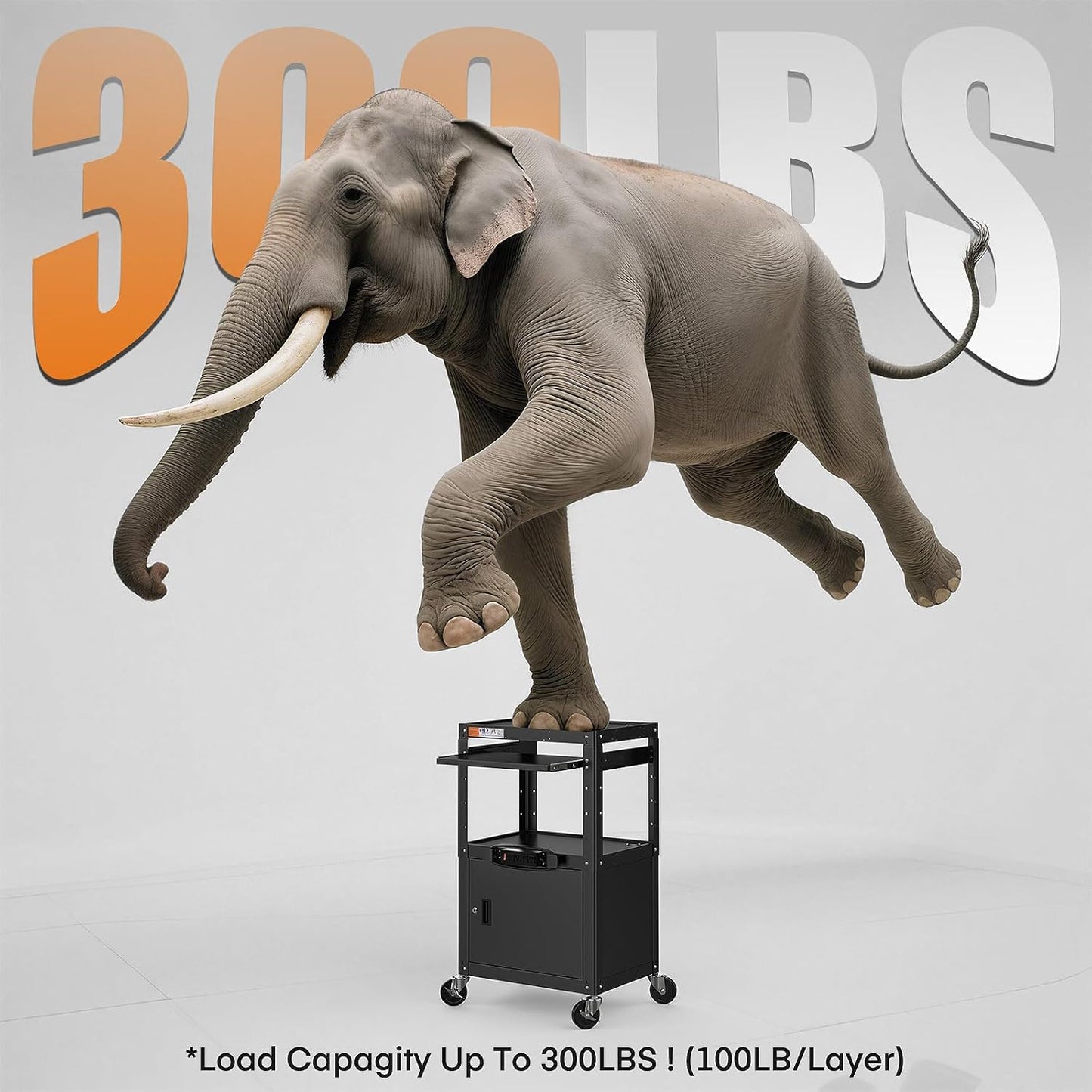 Steel AV Cart with Locking Cabinet, Adjustable Height, and Storage – 300 lbs Capacity