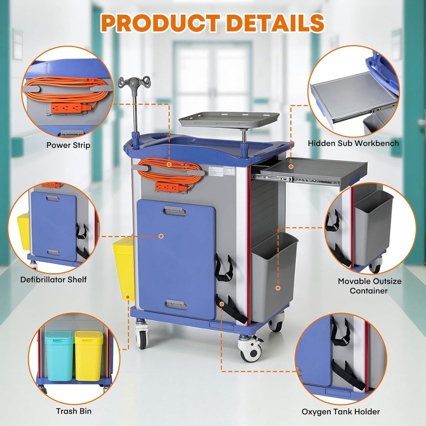Emergency Crash Cart with IV Pole, Cardiac Board, O2 Holder & Drawers – Hospital Medical Cart