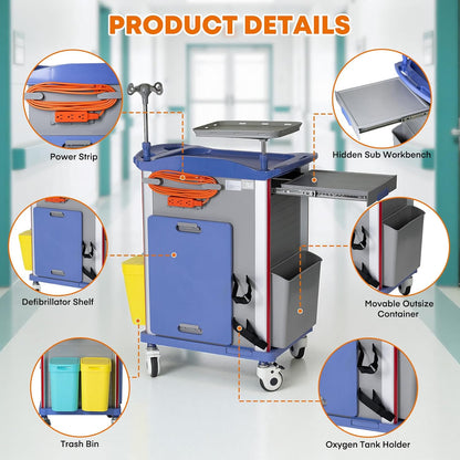 Emergency Crash Cart with IV Pole, Cardiac Board, O2 Holder & Drawers – Hospital Medical Cart