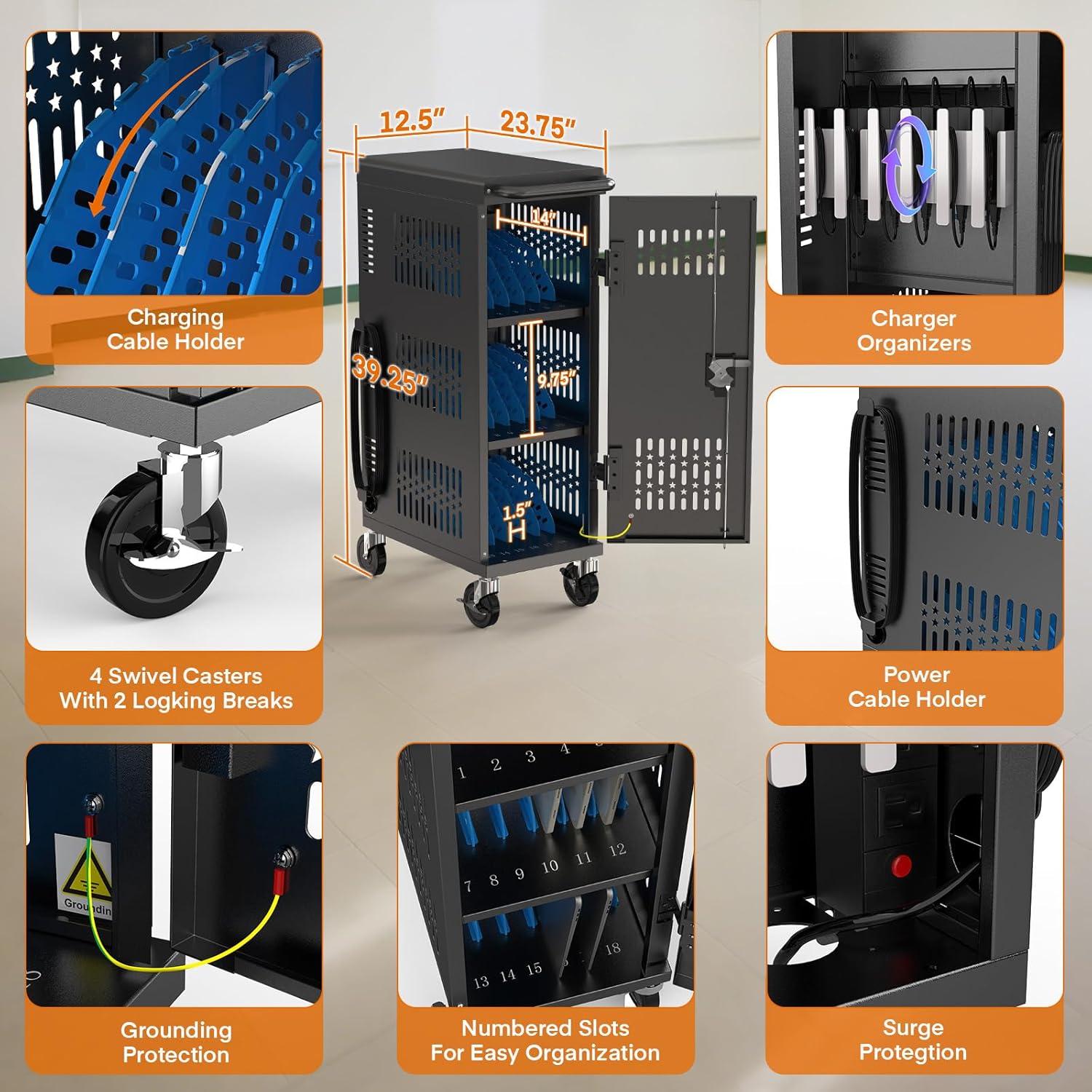 M-C18-H - Fully Assembled 18 Bay Heavy-Duty Metal Mobile Charging