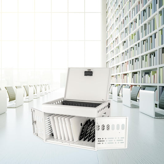 M-C12-W 12 Device Portable Charging Station for Tablets, iPads, Chromebooks, and Laptop Computers with Lock, Surge Protection, for Classroom or Office