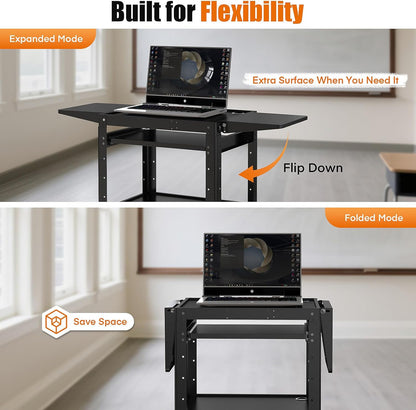 All-Steel Rolling AV Cart – Adjustable Height, Built-in Power, Drop-Leaf Shelves, Wheels