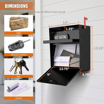 Wall Mounted Locking Mailbox – Weatherproof Steel, Outgoing Slot, Key Lock, Red Flag