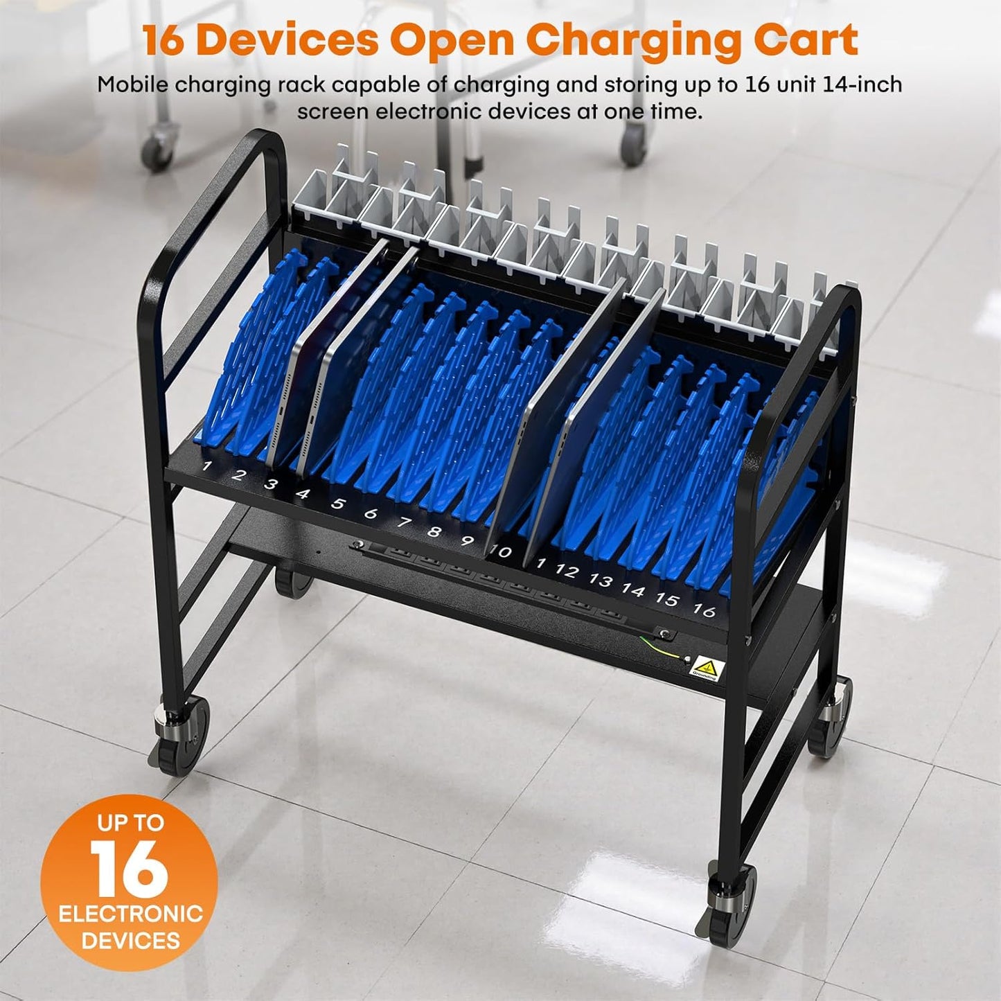 16-Device Charging Station – Open Cart for Laptops & Tablets, Cord Management