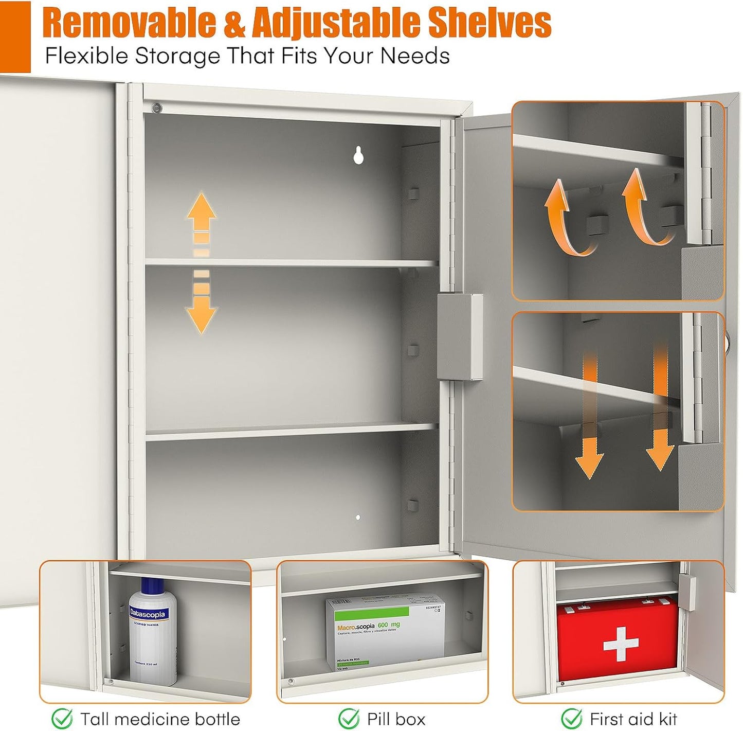 M-MC-8 - Locking Medicine Cabinet with Double Doors – Wall-Mount Steel Drug Cabinet