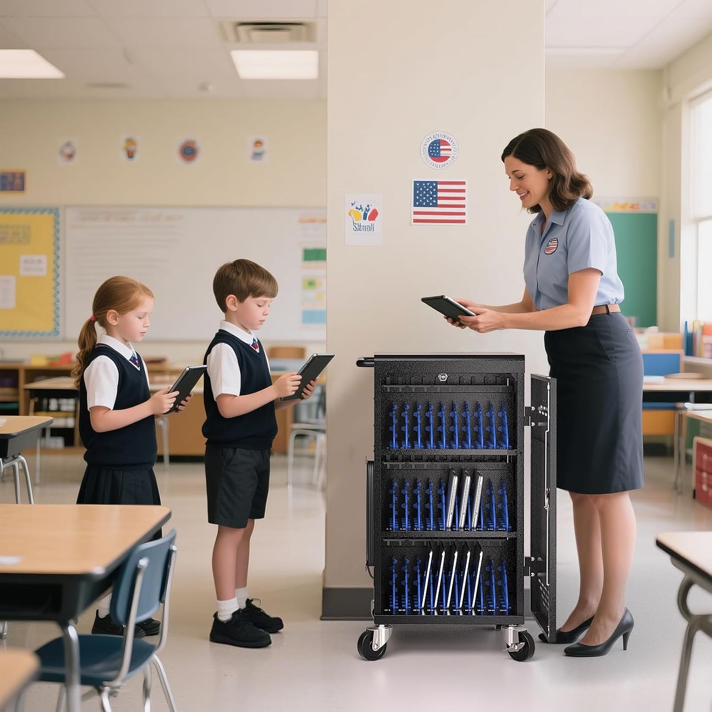 M-C30A-H - 30-Device Charging Station for Chromebooks, iPads, and 14'' Laptops – Mobile Charging Cart with Cable Management, Circuit Breaker, Grounding Protection, and Assembly Required