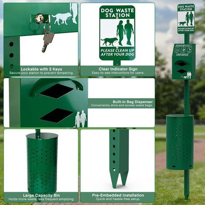Aluminum Dog Waste Station – 10-Gallon Rustproof Outdoor Bin with Lock & Reflective Sign