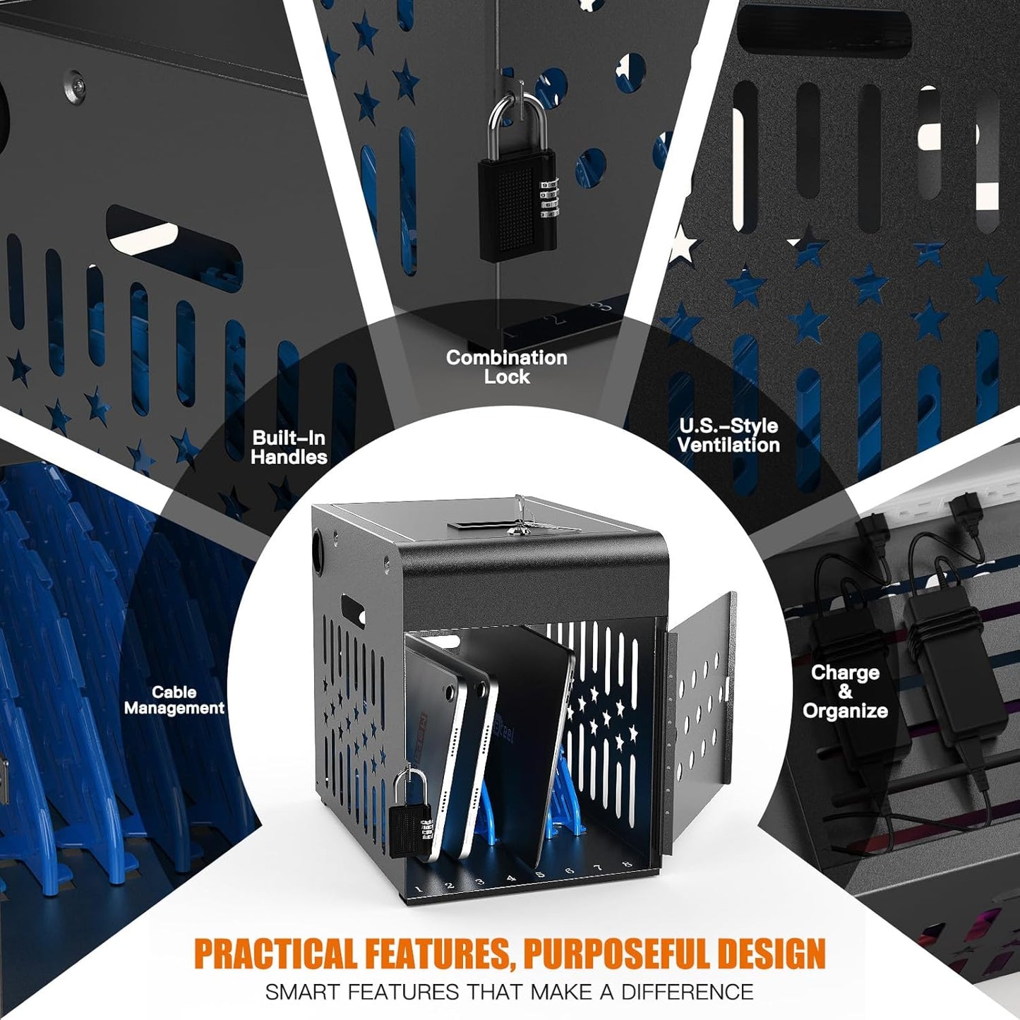 M-C8-H - 8 Tablet Charging Station Lock Box - Fits 14" Screen, Steel Case & Lockable Door, & 2 Keys Included - For Chromebook, Laptop,and Tablets - Ideal for Offices, Classrooms, & Hospitals (Black)