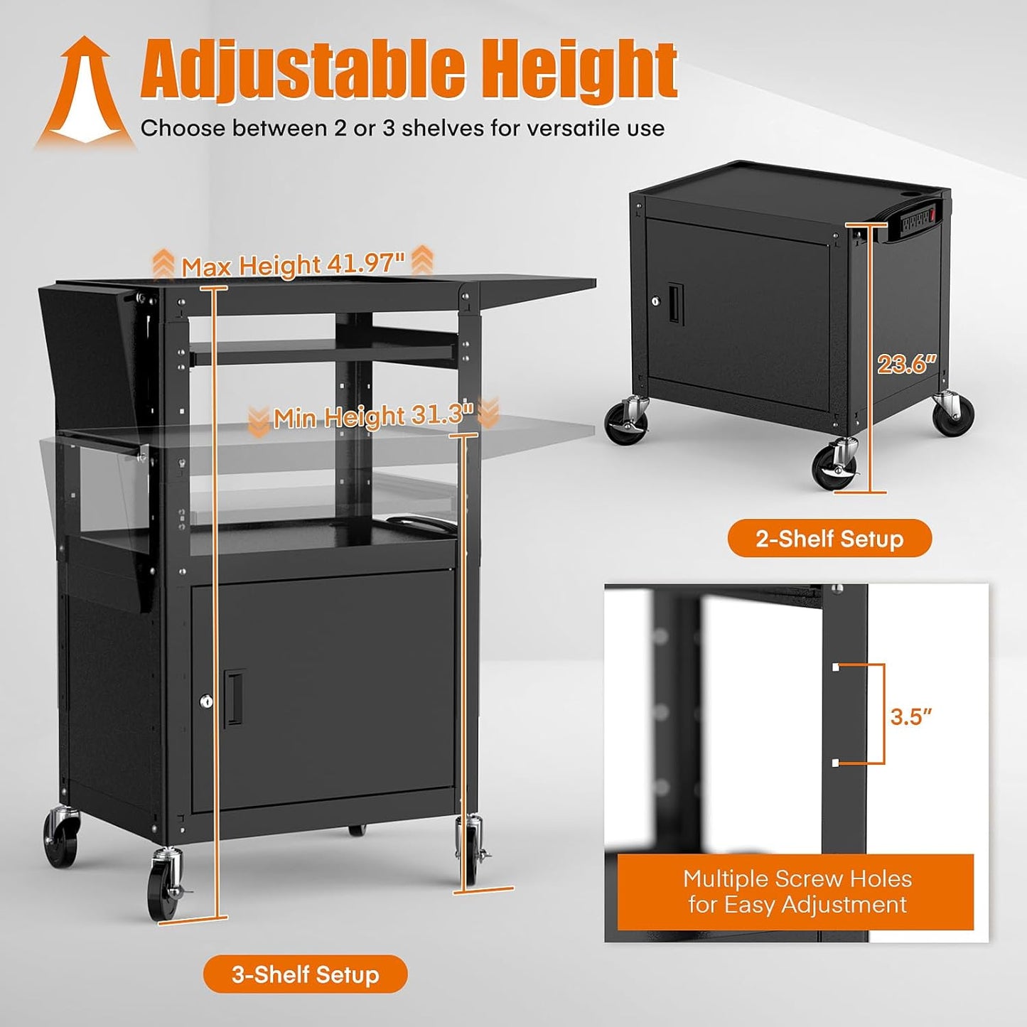 Heavy Duty Steel AV Cart – Lockable Storage, Folding Shelves, Adjustable Height, Wheels