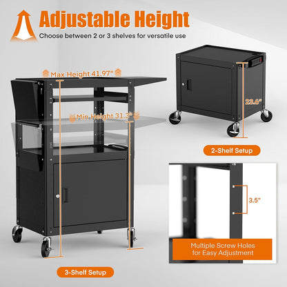 Heavy Duty Steel AV Cart – Lockable Storage, Folding Shelves, Adjustable Height, Wheels
