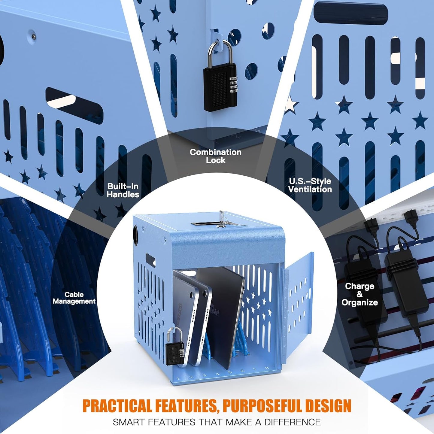 M-C8-B - 8 Tablet Charging Station Lock Box - Fits 14" Screen, Steel Case & Lockable Door, & 2 Keys Included - For Chromebook, Laptop,and Tablets - Ideal for Offices, Classrooms, & Hospitals (Blue)