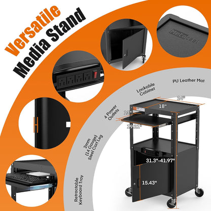 Steel AV Cart with Locking Cabinet, Adjustable Height, and Storage – 300 lbs Capacity