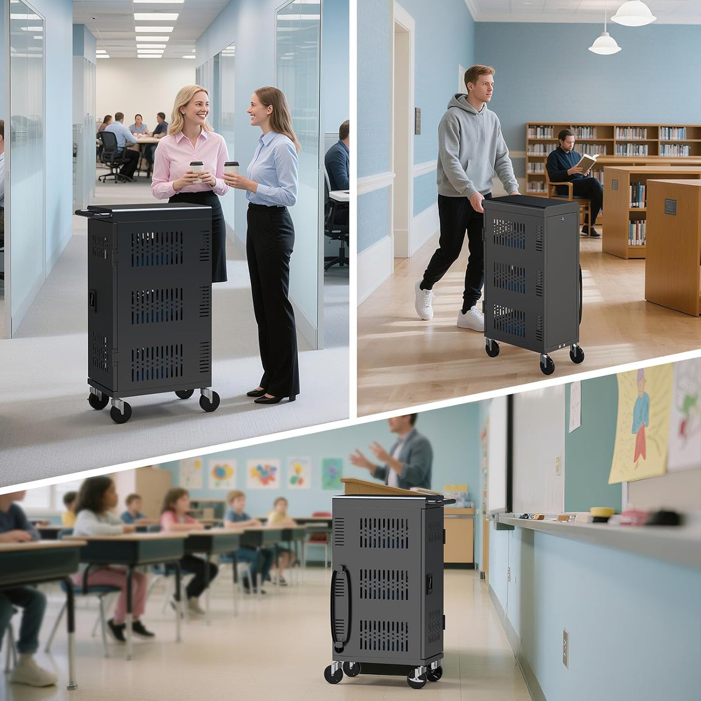 M-C18-H - Fully Assembled 18 Bay Heavy-Duty Metal Mobile Charging and Storage Cart for iPad,Chromebook and Laptop Computer Up to 14-inch Screen Size with Key Locks, Charger and Cable Organization,Black