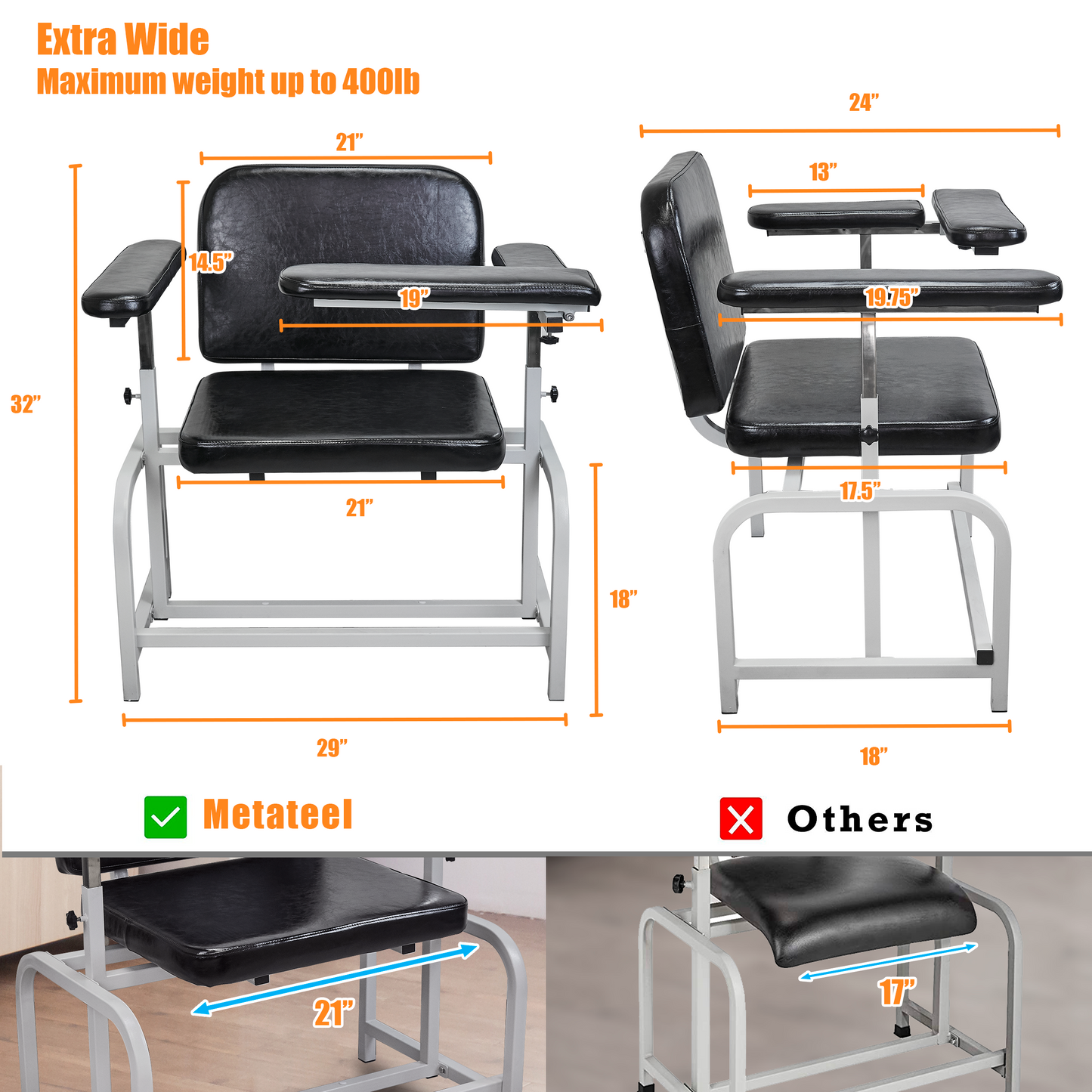 M-T10-H - Extra Large Padded Phlebotomy Chair with Adjustable Armrest and Steel Frame - Extra Large PU Leather Blood Drawing Chair for Hospital, Lab, and Medical Facilities