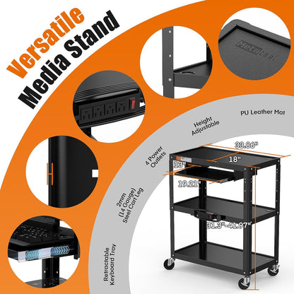 Extra Large 3 Tier Rolling Cart with Power Strip - Heavy Duty Utility Cart Rolling Computer Cart - Durable Utility Cart