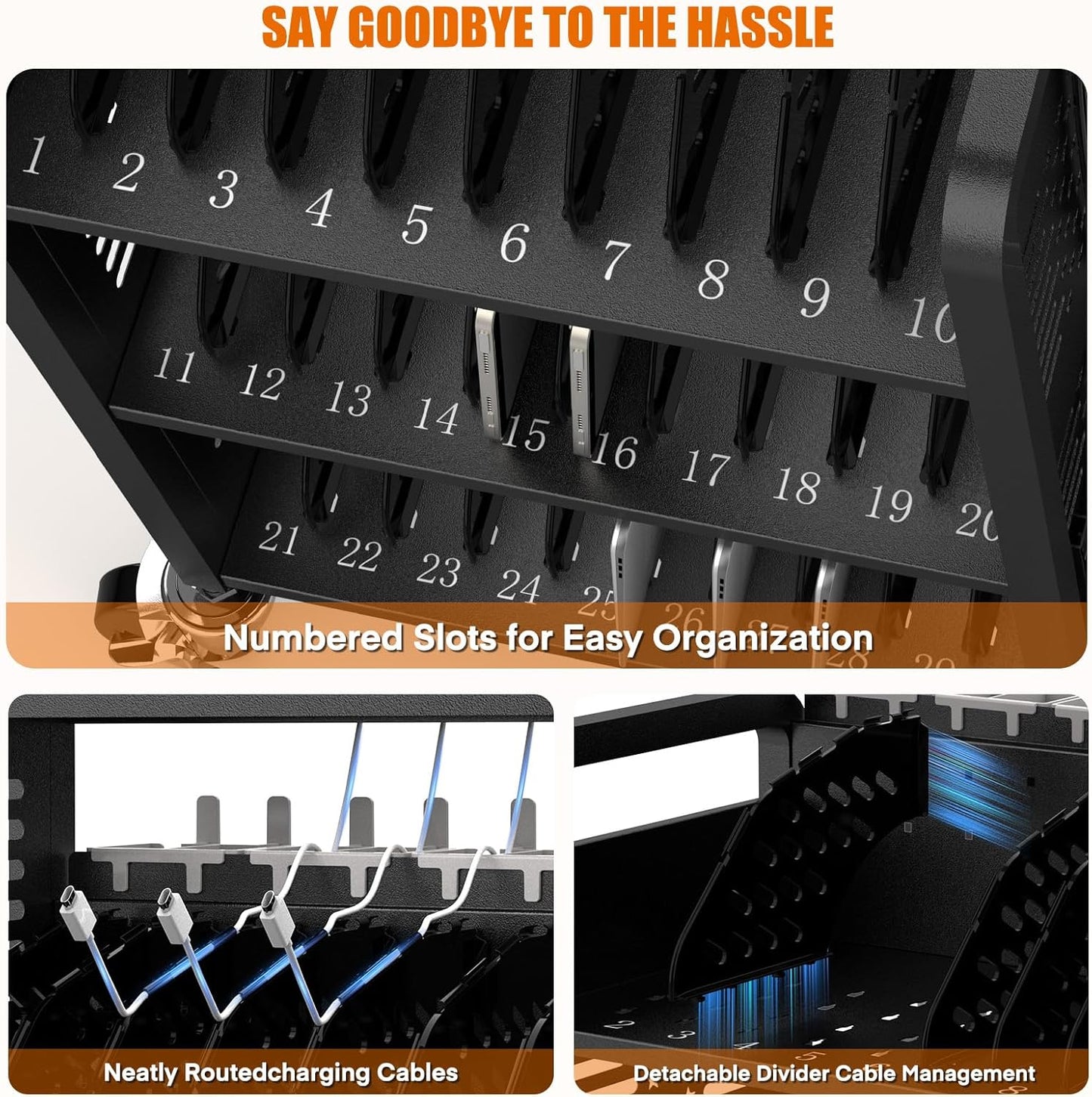 M-C30D-H - 30-Unit Mobile Charging Cart-Open Charging Station Rack for 14-inch Chromebooks and Tablets-Tablet Organizer Station with Cable Management and Charger Organization(Black)