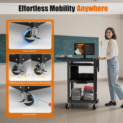 All-Steel Rolling AV Cart – Adjustable Height, Built-in Power, Drop-Leaf Shelves, Wheels