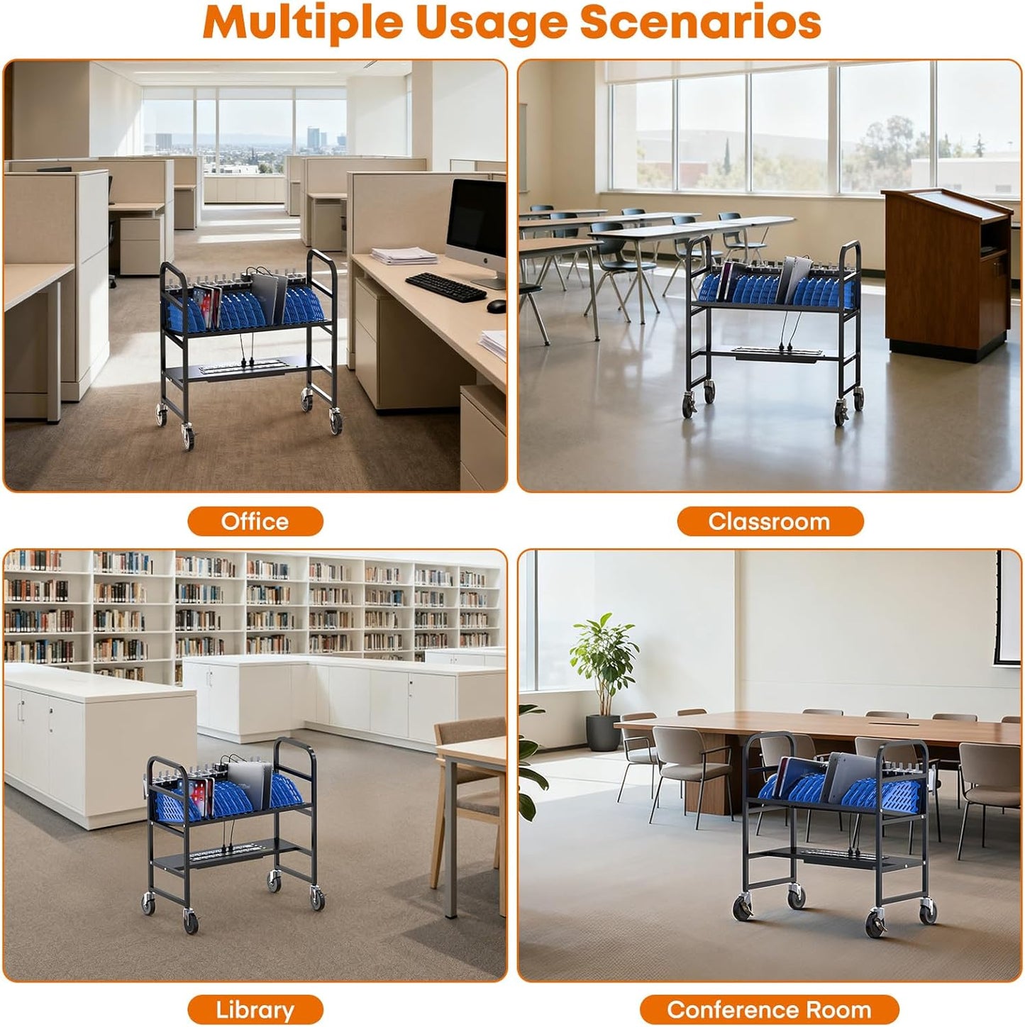16-Device Charging Station – Open Cart for Laptops & Tablets, Cord Management