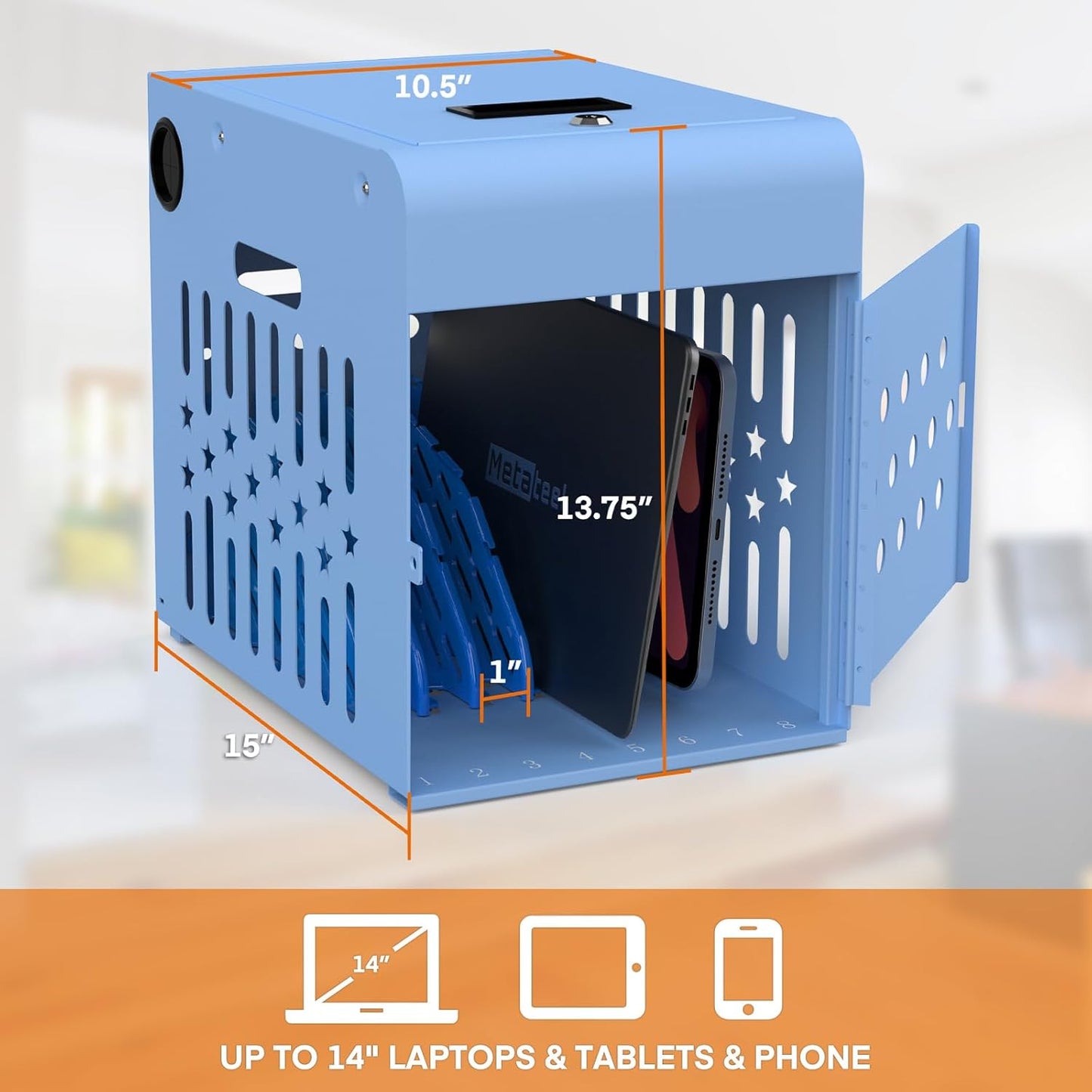 M-C8-B - 8 Tablet Charging Station Lock Box - Fits 14" Screen, Steel Case & Lockable Door, & 2 Keys Included - For Chromebook, Laptop,and Tablets - Ideal for Offices, Classrooms, & Hospitals (Blue)