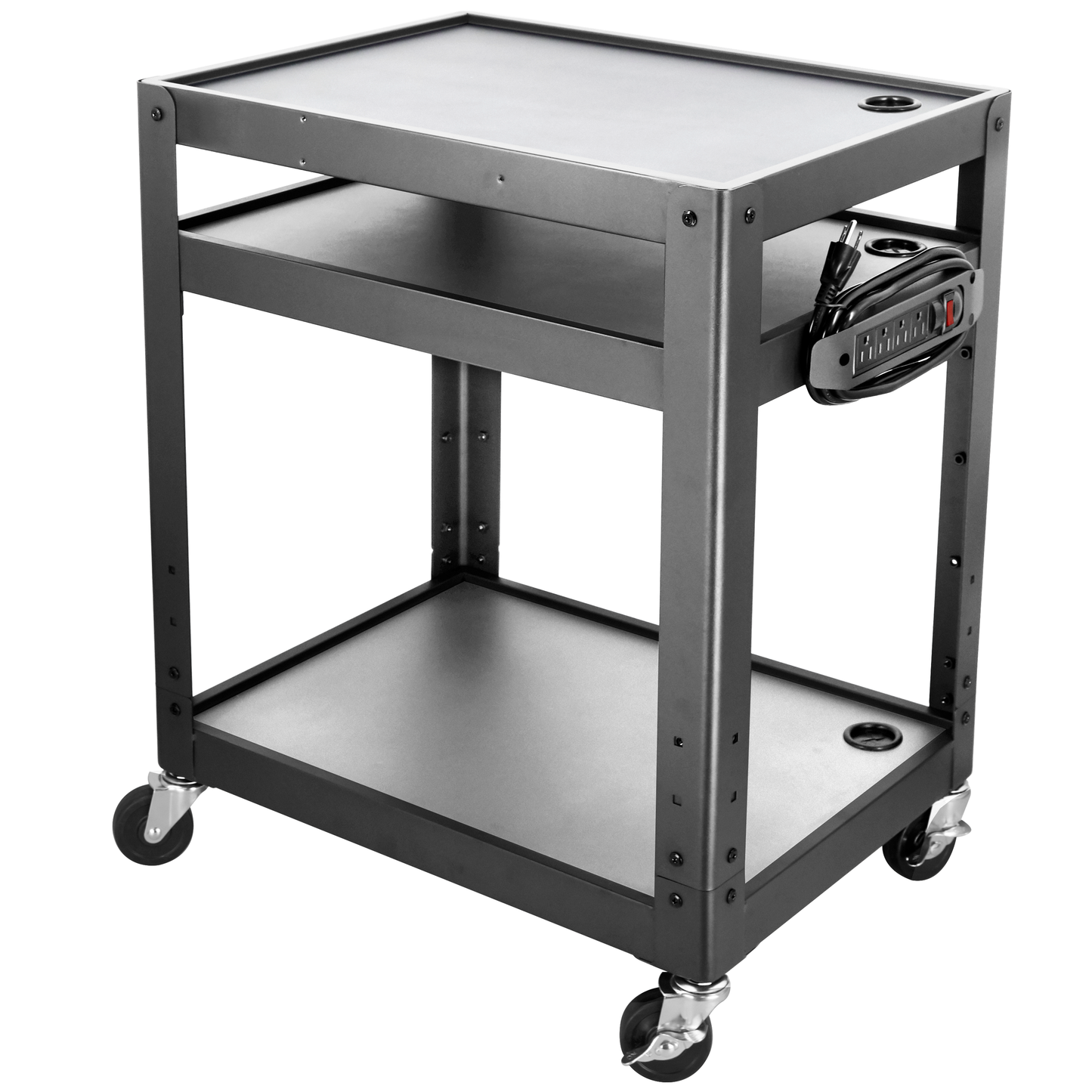M-AV-JS - 3 Shelf Metal Utility cart - Steel Construction Mobile Presentation Cart Projection Cart with Power Strip - Durable Utility Cart AV Carts on Wheels - Supports Up to 300 LBs (24'' x 18'' x 41'')