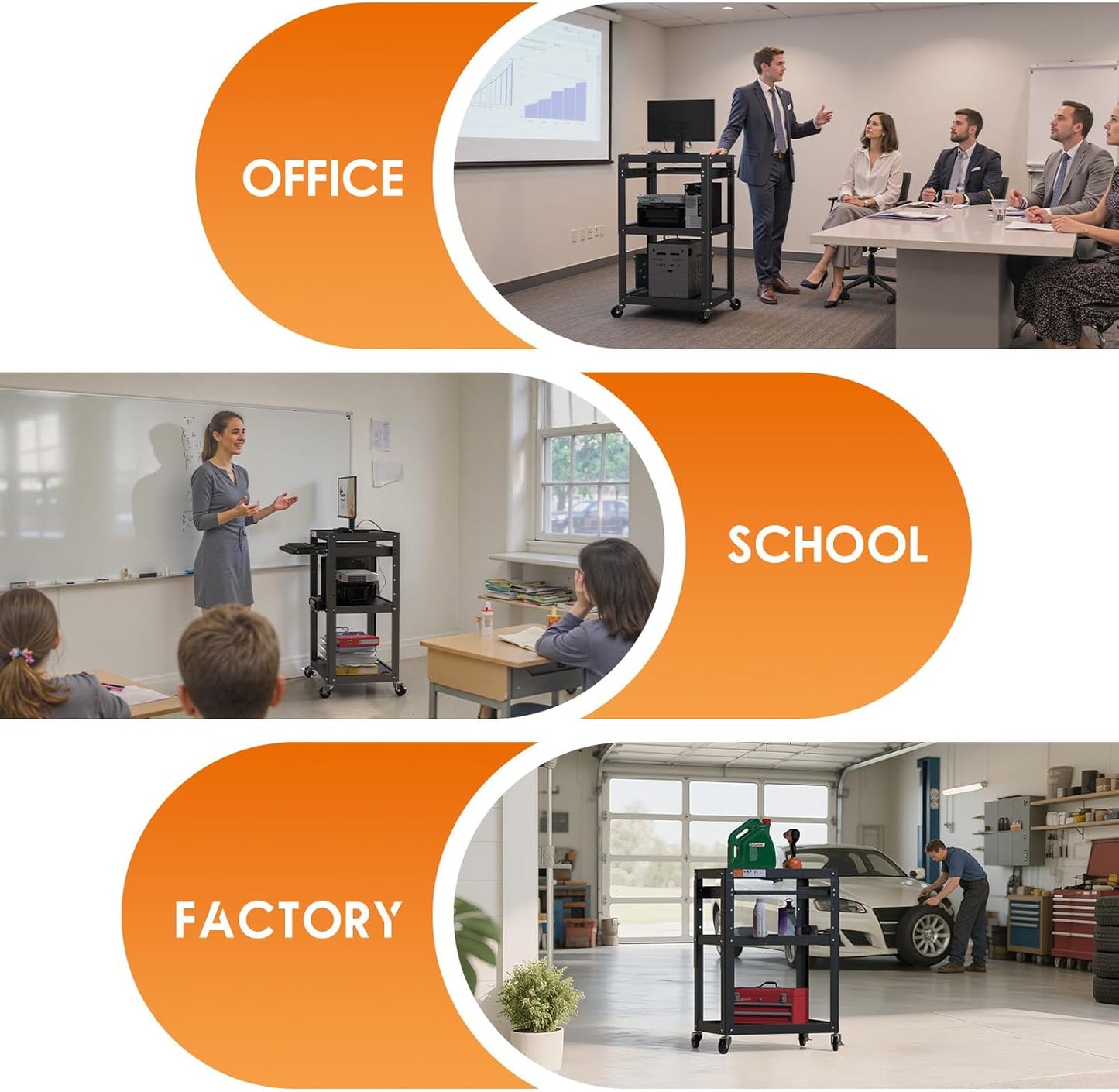 Metal Presentation Cart with Adjustable Shelves – Rolling Stand for Projector, TV, Laptop, Printer