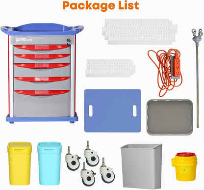 Emergency Crash Cart with IV Pole, Cardiac Board, O2 Holder & Drawers – Hospital Medical Cart