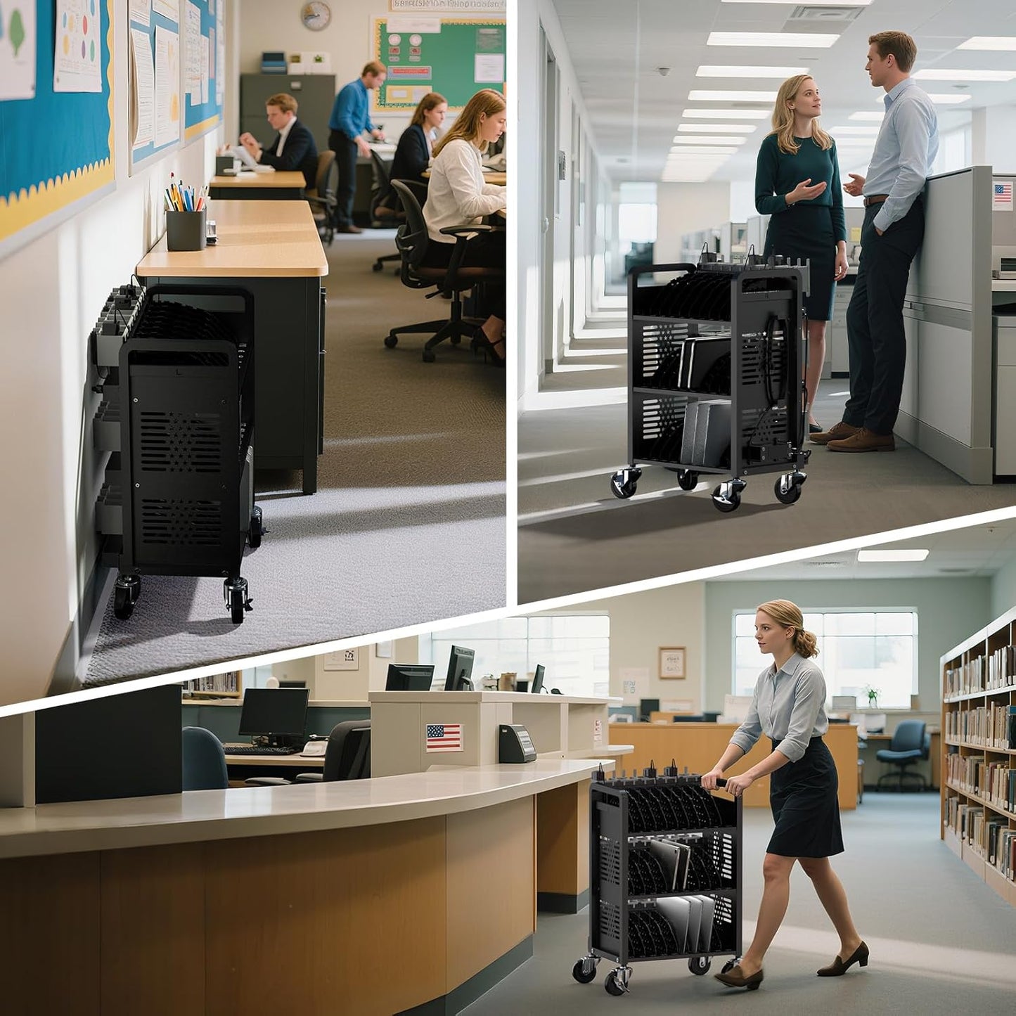 M-C30D-H - 30-Unit Mobile Charging Cart-Open Charging Station Rack for 14-inch Chromebooks and Tablets-Tablet Organizer Station with Cable Management and Charger Organization(Black)