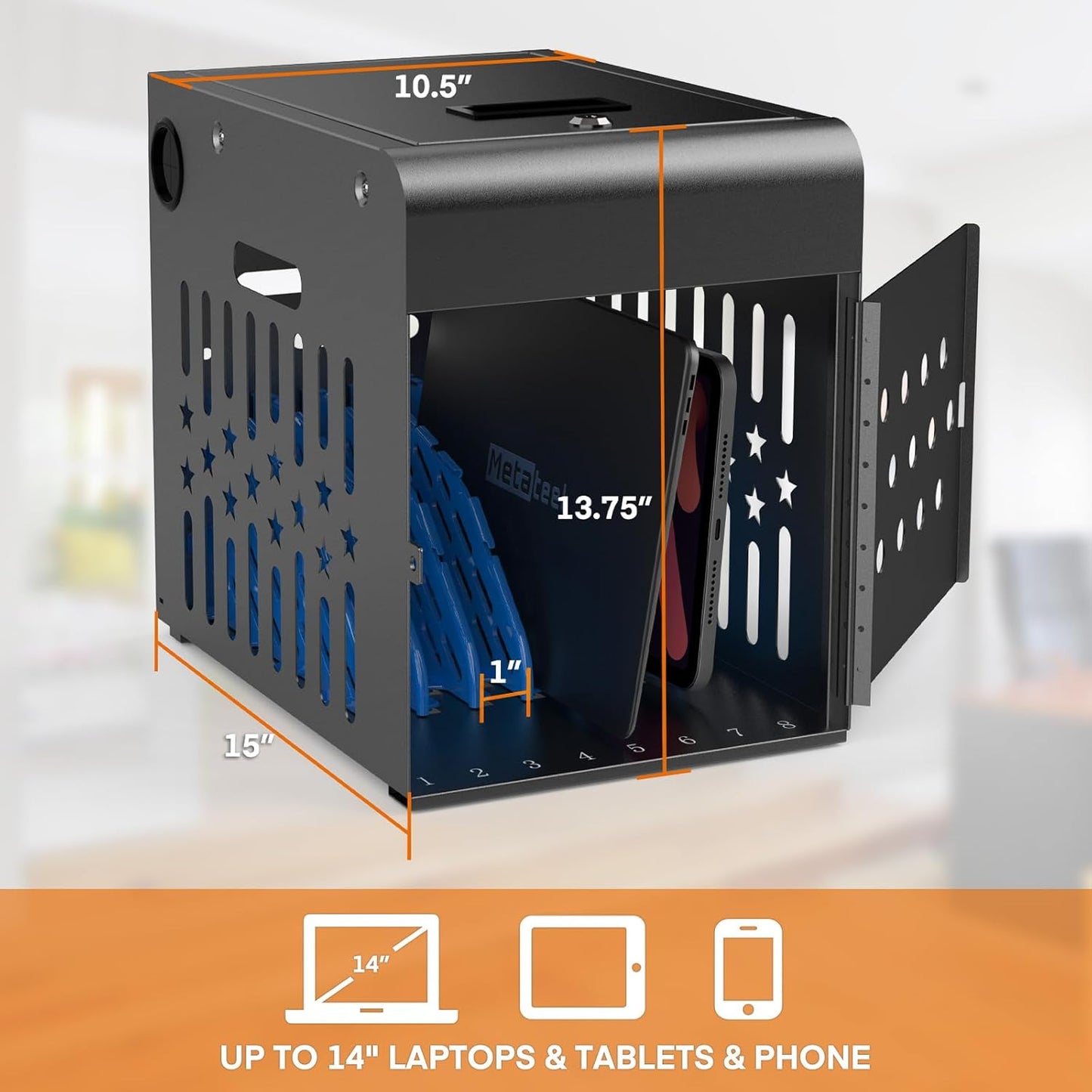 M-C8-H - 8 Tablet Charging Station Lock Box - Fits 14" Screen, Steel Case & Lockable Door, & 2 Keys Included - For Chromebook, Laptop,and Tablets - Ideal for Offices, Classrooms, & Hospitals (Black)